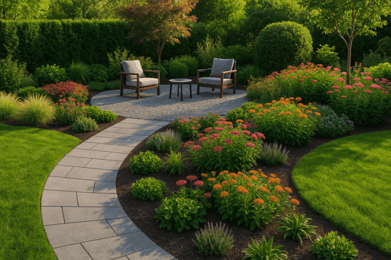 Beautifully designed garden with curved walkway, colorful flower beds, and a cozy seating area